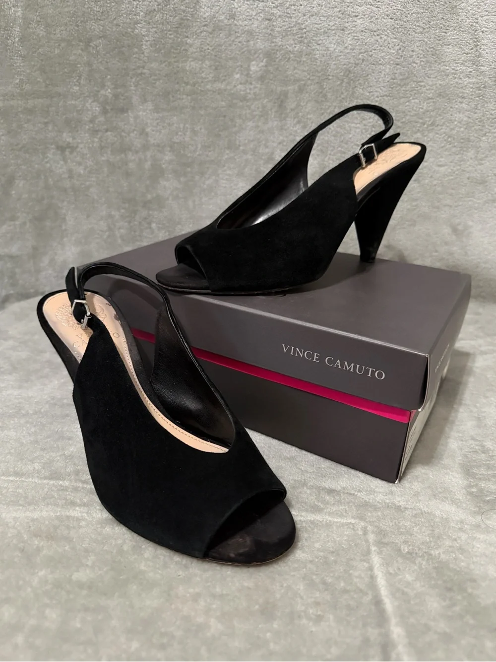 Vince Camuto Black Suede Paelinna Slingback Peep Toe Cone Heels Size 9